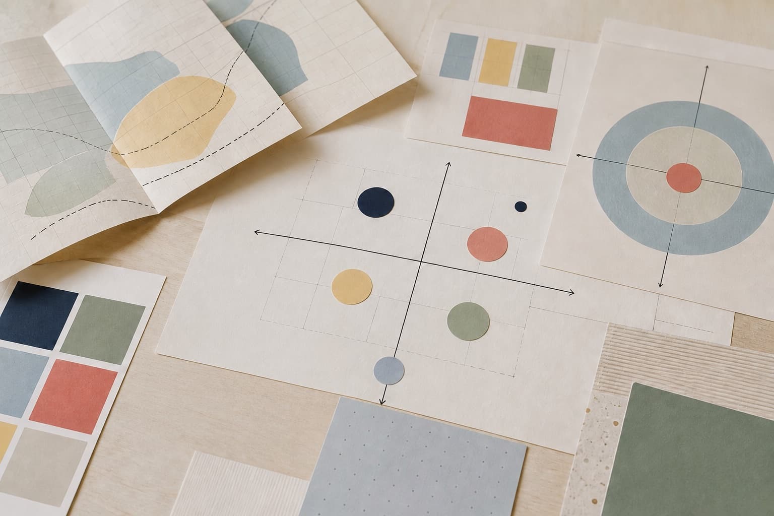 Layered strategy papers and muted diagrams forming an abstract positioning system